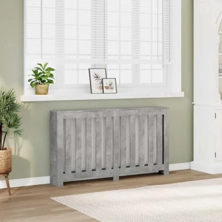 vidaXL Heizkörperverkleidung Betongrau, 149x20x82 cm Holzwerkstoff mit modernem Latten-Design und pflegeleichter Oberfläche – Bild 2