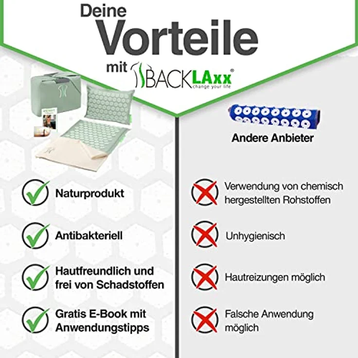 BACKLAxx® Akupressurmatte "Original" aus Halbleinen und Naturmaterialien, 10.272 Spitzen, grün – Bild 5