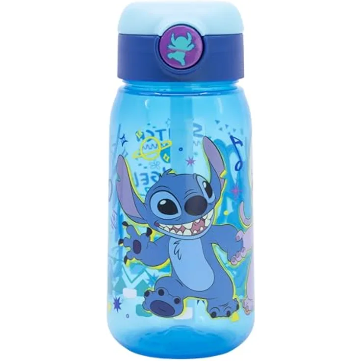 Storline Trinkflasche Lilo & Stitch 510ml, Kinderflasche mit integriertem Trinkhalm und Druckverschluss, farbenfrohes "Drawing"-Design