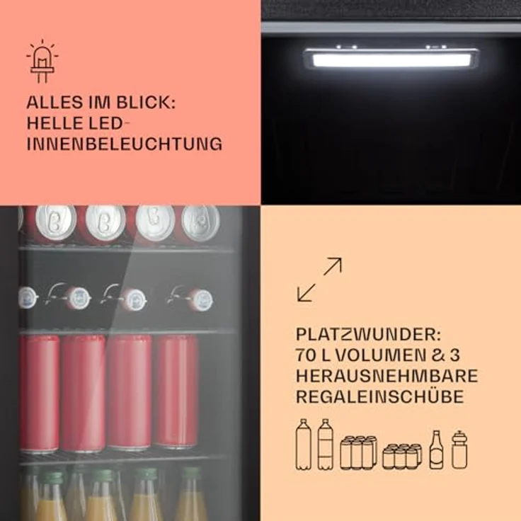 Klarstein Mini Kühlschrank mit Glastür & LED, 70L, Indoor/Outdoor, Leise, Edelstahl – Bild 4
