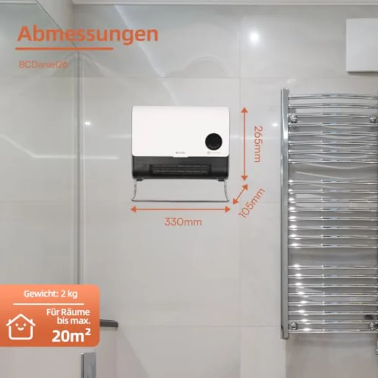 BE COOL Wand-Heizlüfter 2000W "Daniel" BCDaniel26 mit Fernbedienung, 2 Heizstufen und 12-Std.-Timer, platzsparendes Design – Bild 7