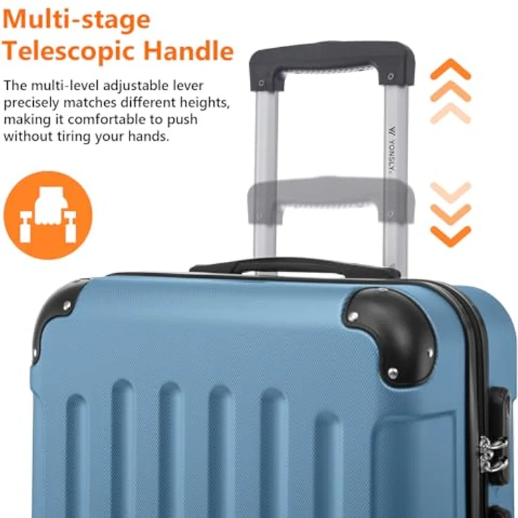 YONSLY Gepäck Suitcase, Hartschalenreisekoffer mit 360° Lenkrollen, Zahlenschloss, mehrstufigem Teleskopgriff, 55 cm, Grau Blau – Bild 5
