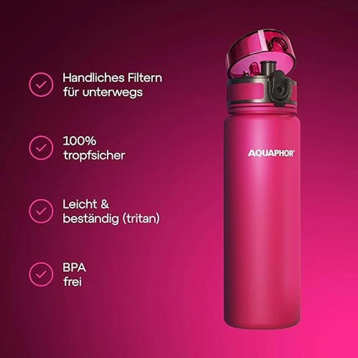 AQUAPHOR City Filterflasche 500ml Pink I Flasche mit Wasserfilter für unterwegs I Filter mit Aktivkohle I Filtert Chlor I Aus Tritan & BPA-frei I Für besseren Geschmack & Geruch des Wassers – Bild 2