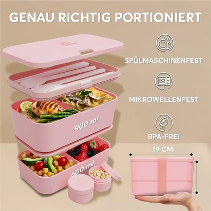 UMAMI Bento Lunchbox für Erwachsene mit Besteck, 2 Saucenbehältern, 2 Fächern, auslaufsicher, Meal Prep, ideal für Salat und Snacks – Bild 6