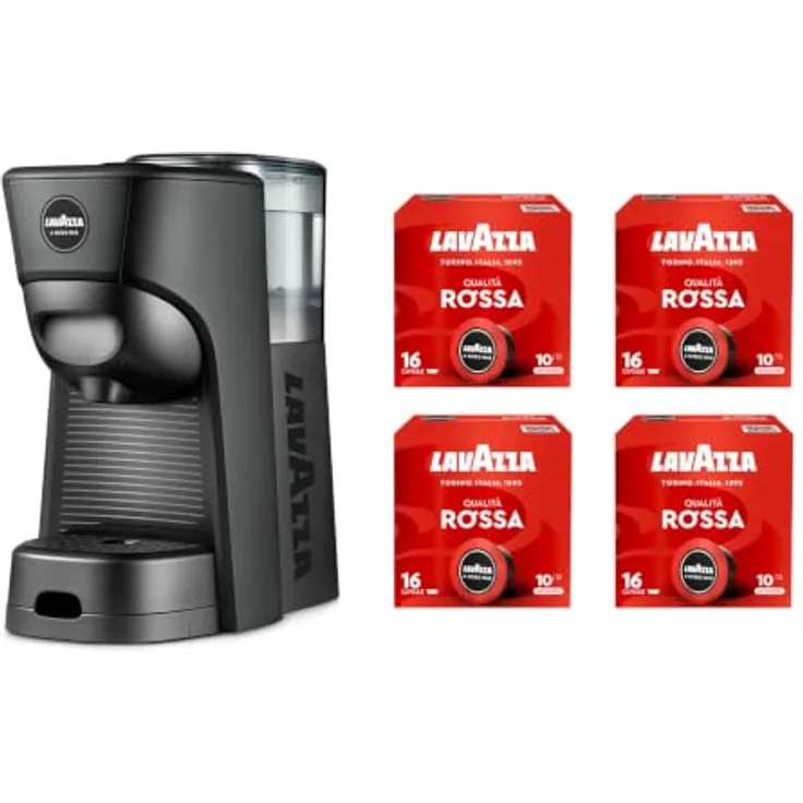Lavazza A Modo Mio Tiny Eco Black, Espressomaschine aus recyceltem Kunststoff mit 64 Kapseln Qualität Rossa, 1450 W, 0,6 Liter