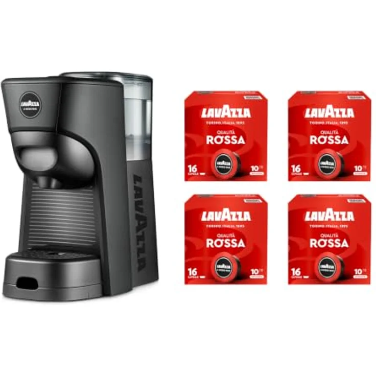 Lavazza A Modo Mio Tiny Eco Black, Espressomaschine aus recyceltem Kunststoff mit 64 Kapseln Qualität Rossa, 1450 W, 0,6 Liter