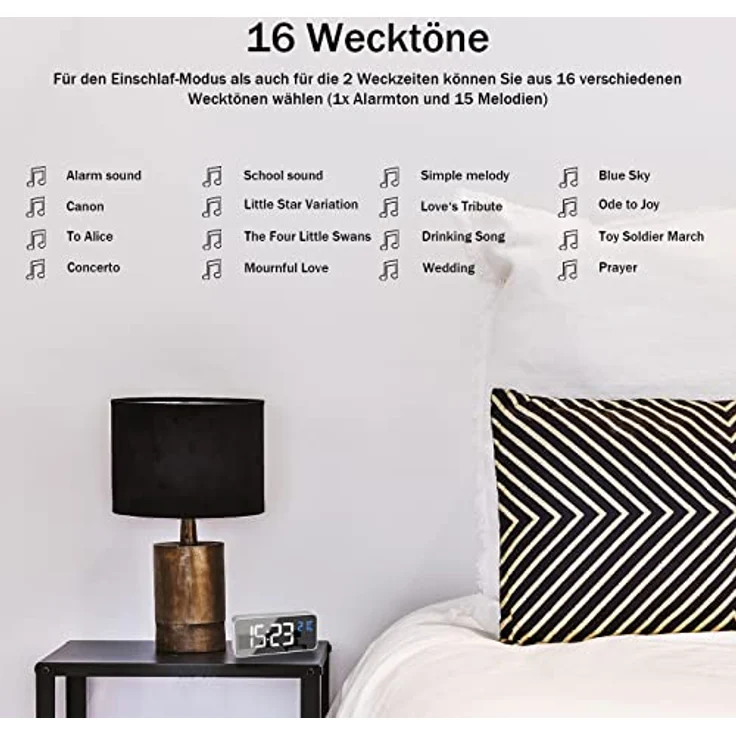 TFA Dostmann Digitaler Wecker mit Spiegeleffekt, 60.2032.54, 2 Alarmzeiten, 16 Wecktöne, mit 4 Helligkeitsstufen, Uhrzeit (AM/PM), mit integrierten Akku, Silber (L) 145 x (B) 32 x (H) 65 mm – Bild 4