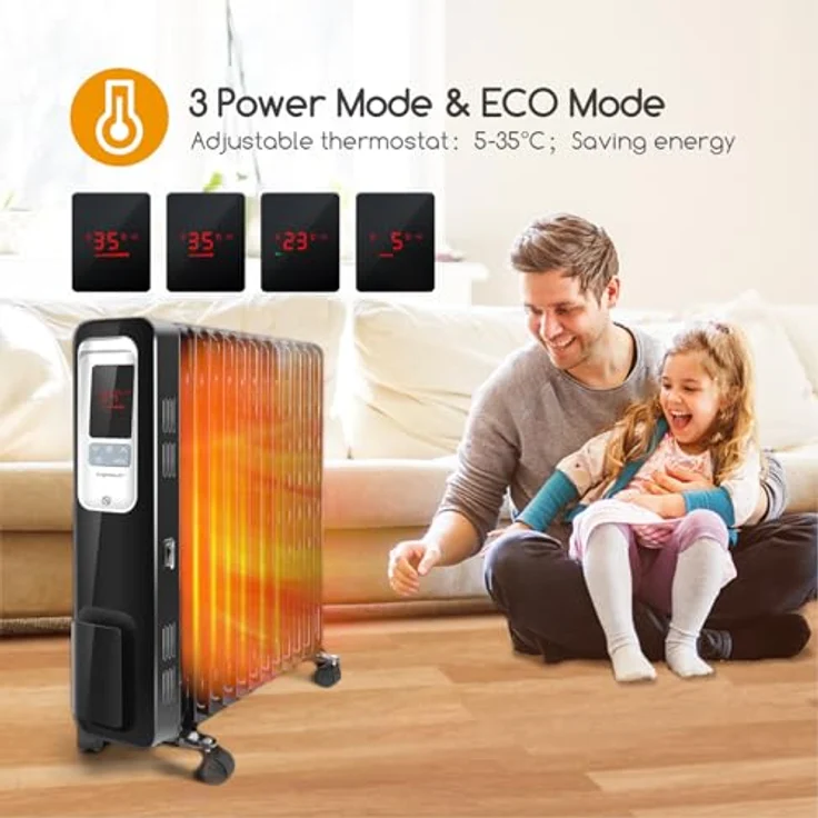 Aigostar Oil Monster 33JHH - 2500W Ölradiator Energiesparender, LCD Elektro Heizkörper mit 13 Rippen,4 Heizstufen,Thermostat, Fernbedienung,Überhitzungsschutz, Elektroradiator Elektro Heizung – Bild 2