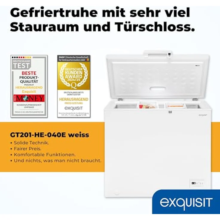 Exquisit Gefriertruhe GT201-HE-040E, 2-in-1 Kühlfunktion, 198 Liter, weiß, Türschloss, 4-Sterne-Gefrieren, Schnellgefrieren, 2 Rollen – Bild 2