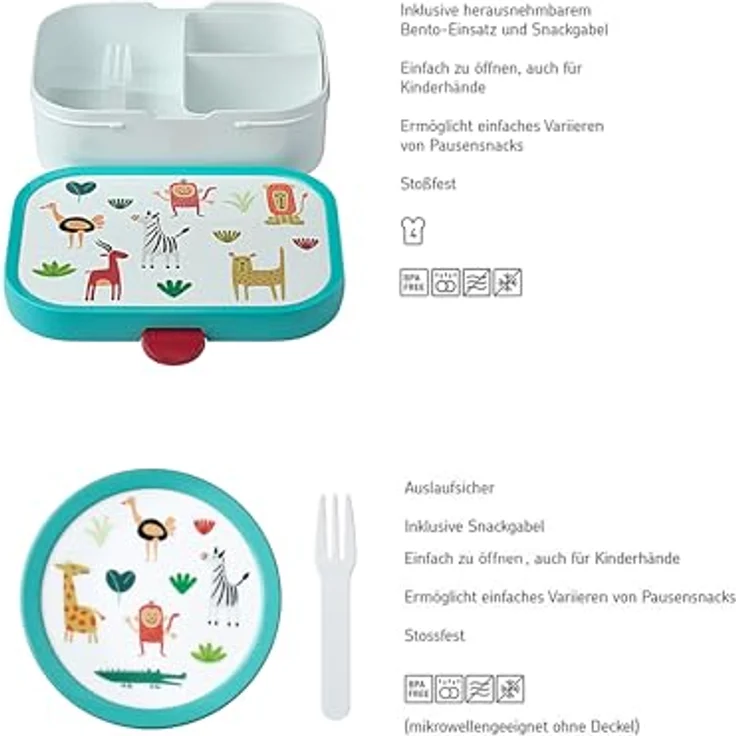 Mepal Kinder Obst- und Bento Box Campus meets Fruits, Spülmaschinenfest & BPA-frei, 300 & 750 ml, Mit Fächern, Gabel & Clip-Verschluss, Perfekt für Snacks & Mahlzeiten, Animal Friends – Bild 2