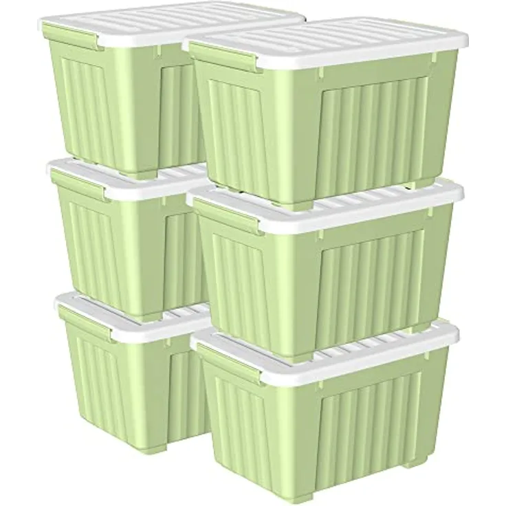 Cetomo 80 l x 6 Kunststoff-Aufbewahrungsbox, grün, Tragetasche, Organisationsbehälter mit robustem Deckel und sicheren Verriegelungsschnallen, stapelbar und stapelbar, 6 Stück, mit Schnalle