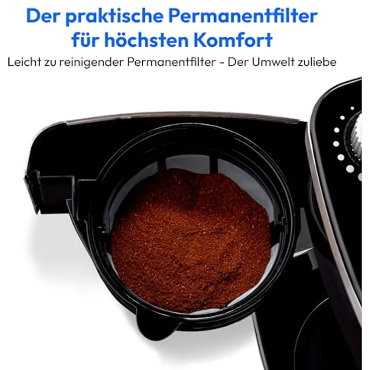MEDION Kaffeemaschine mit Mahlwerk und Glaskanne (1,5 Liter, max. 12 Tassen, 8 Mahlstufen, max. 1050 Watt, 24 Stunden Timer, LED Display, Tropfstopp, Permanentfilter, MD19899) – Bild 4