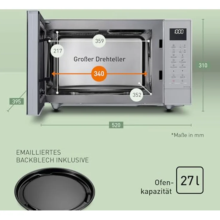 Panasonic NN-CT57 Mikrowelle mit Grill und Heißluft, Standgerät, 1000 Watt, Inverter Mikrowelle, 27 Liter Garraum, geringe Bautiefe silber – Bild 6