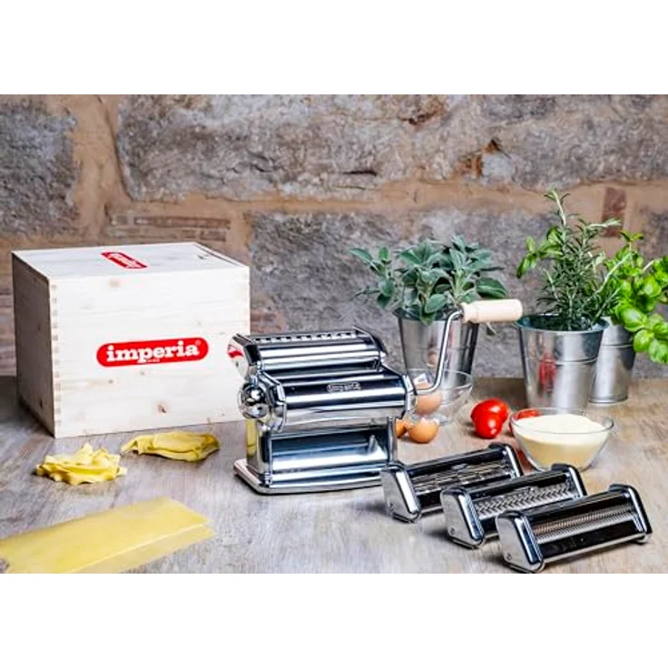 Imperia La Fabbrica della Pasta Gourmet, Geschenkset mit eleganter Holzkistenverpackung, manuelle Nudelherstellung für Lasagne, Spaghetti, Tagliatelle und Tagliatelline aus Edelstahl, hergestellt in Italien – Bild 2