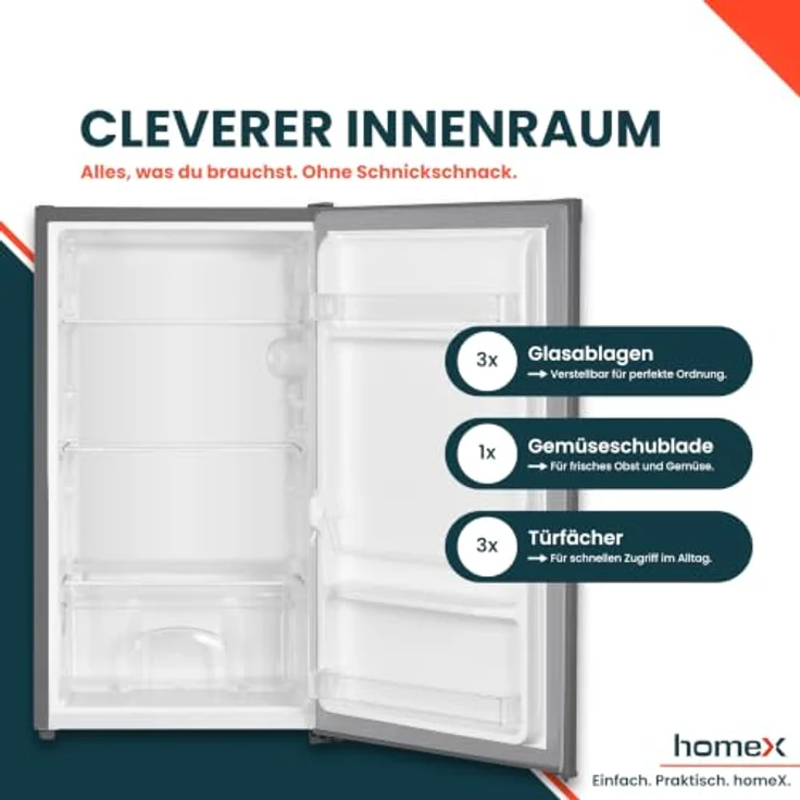 homeX CS0881-S Kühlschrank ohne Gefrierfach, 90L Nutzinhalt, freistehend, kompakt, silber – Bild 4