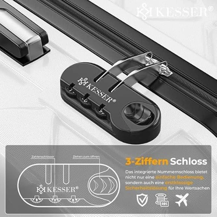 KESSER® Reisekoffer Set 4-teilig, ABS Hartschalenkoffer mit Zahlenschloss, Kofferwaage & Reisebrieftasche, 360° Rollen, Handgepäck & große Koffer in Snow White – Bild 4