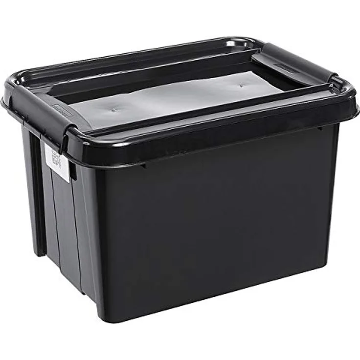 Plast Team ProBox Recycle Aufbewahrungsbox mit Deckel, 32 l, wasserfest, schwarz, mit klappmechanismus und Rädern