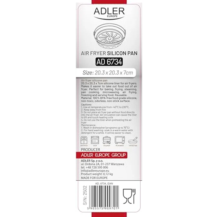 Adler Silikonform AD 6734, antihaftbeschichtet, lebensmittelecht, grau, für Heißluftfritteusen, ø20 cm – Bild 3