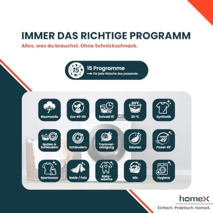 homeX WF1014H1A-W Waschmaschine 10 kg, Frontlader, 1.400 U/Min, Dampffunktion, AquaStop, Inverter Motor, 15 Programme – Bild 9