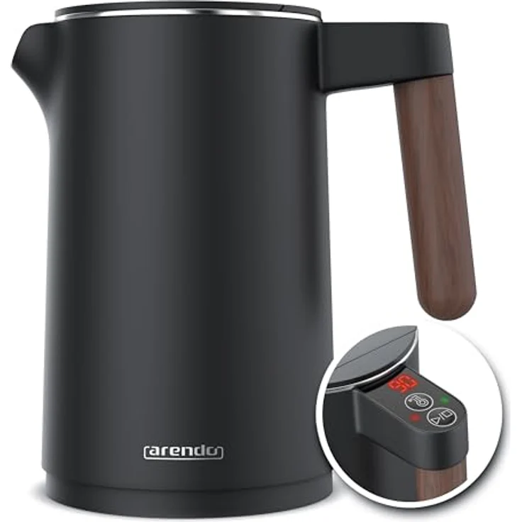 Arendo Wasserkocher Edelstahl mit Temperatureinstellung 45°C-100°C, 1.5 Liter, Doppelwand, BPA-frei, Warmhaltefunktion, Cool Touch Griff, Schwarz – Bild 1