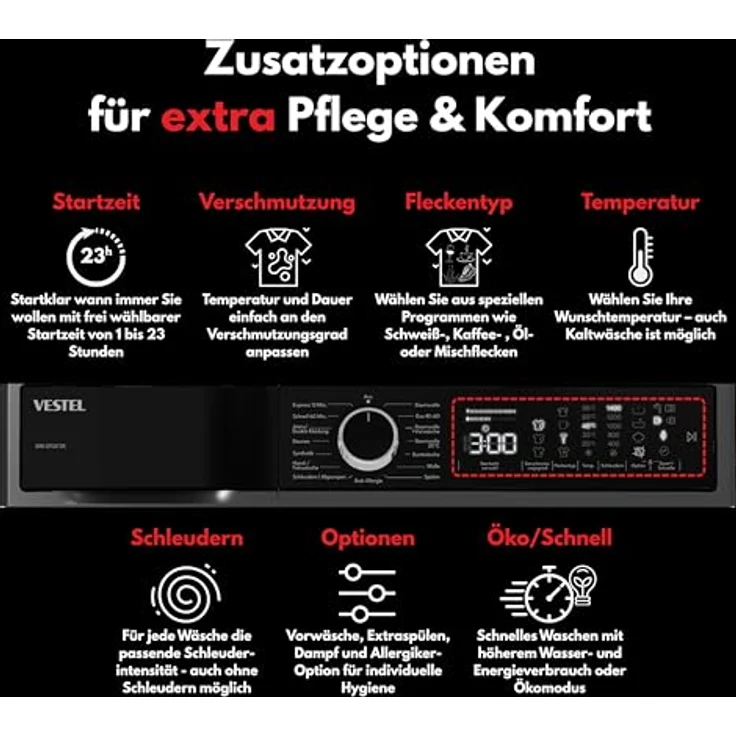 VESTEL WMI 89341 DX, Frontlader Waschmaschine mit 8 kg, 1400 U/min, Inverter-Motor, Dampf, AquaStop+Switch, Dark Inox – Bild 4