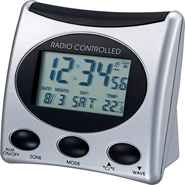 Der WT 221 ist ein klassischer Funkwecker mit Temperaturanzeige und digitaler Uhrzeitanzeige, silber - schwarz