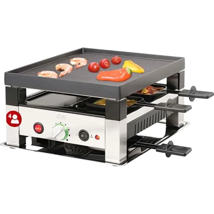 SOLIS OF SWITZERLAND Raclette & Pizza Grill for 4, Typ 7910, 1020 W, Wendbare Grillplatte, 4 Raclettepfännchen, Edelstahl, schwarz – Bild 1