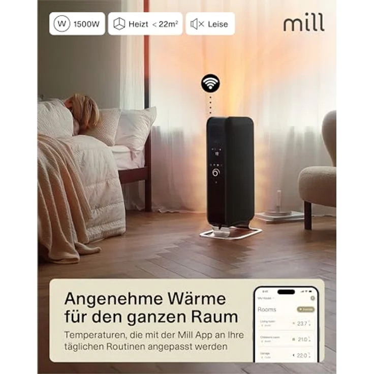Mill Ölradiator Elektro Heizkörper 1500W, WiFi Smarte Heizung für 18-22m², leise, Designed in Norwegen - schwarz – Bild 2