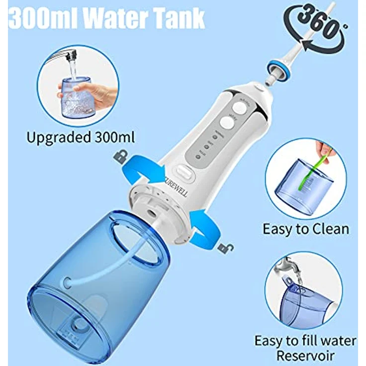 TUREWELL FC1591 Professionelle Munddusche, 300 ml tragbare USB-wiederaufladbare Munddusche Wasserdicht IPX7 und 3 Modi mit 5 multifunktionalen Düsen für Familie und Reisen – Bild 4