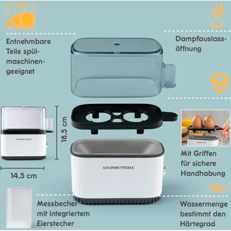 GOURMETmaxx Eierkocher für 2 Eier, Mini Egg Boiler mit Eierstecher, 3 Härtegrade, spülmaschinenfeste Teile, weiß – Bild 2