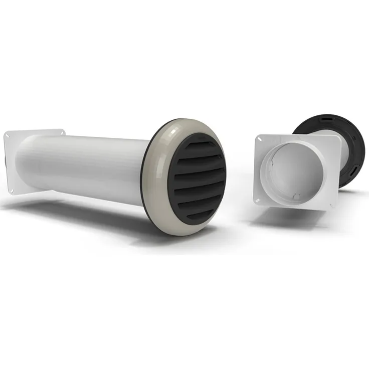 Airtec Rundrohr Ø 125mm, Teleskopmauerkasten 350-680mm, Rückschlagventil, Aluminium in Edelstahloptik