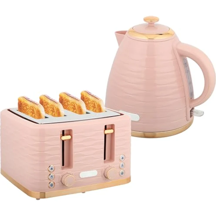 HOMCOM Toaster Frühstück-Set, 1,7L Wasserkocher und 4-Scheiben Toaster, 2200 W, mit Auftau-, Aufwärm- und Krümelfach, Rosa – Bild 1