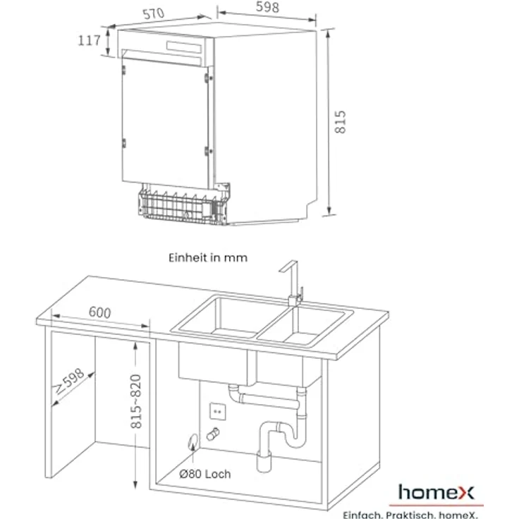 homeX DWSI601449E Geschirrspüler 60 cm, teilintegrierbar, 14 Maßgedecke, 6 Programme, leise mit 49 dB, Energieeffizienzklasse E – Bild 4