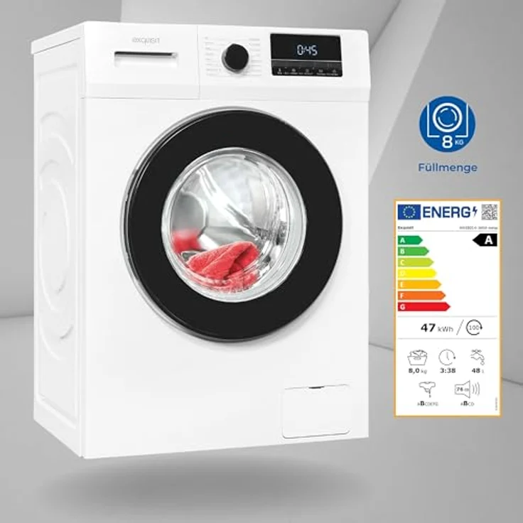 Exquisit Waschmaschine WA58014-340A weiss | Waschmaschine 8 kg | Energieeffizienz A | 16 Waschprogramme | Kindersicherung | Startzeitvorwahl | Washing machine – Bild 1