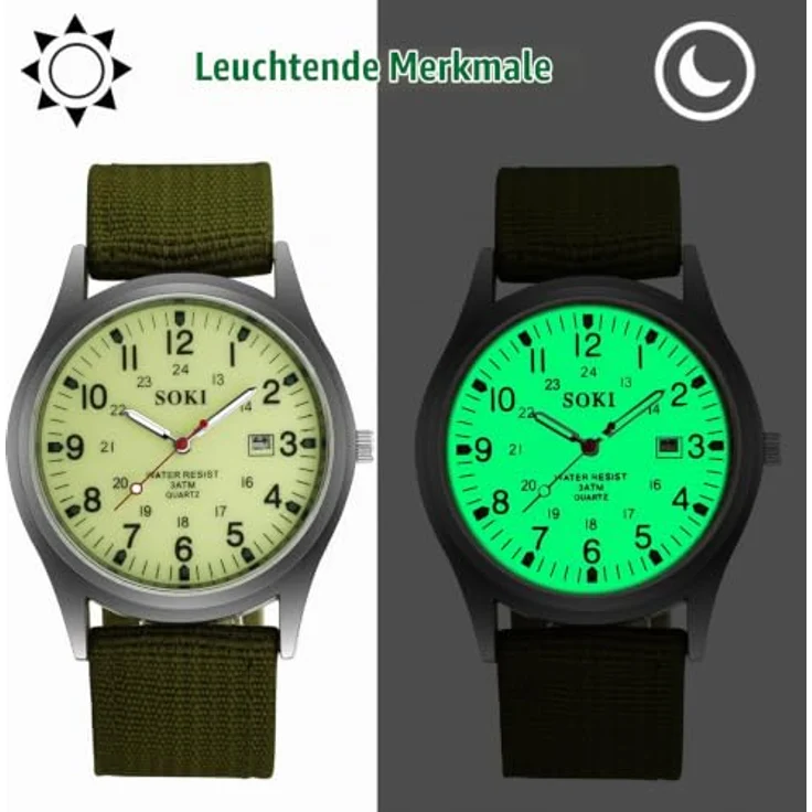 JewelryWe Uhren Herren Nylon Militär, 12/24H Datum Kalender Analog Quarz Armbanduhr mit leuchtenden Zeigern und grünem Nylonarmband – Bild 4