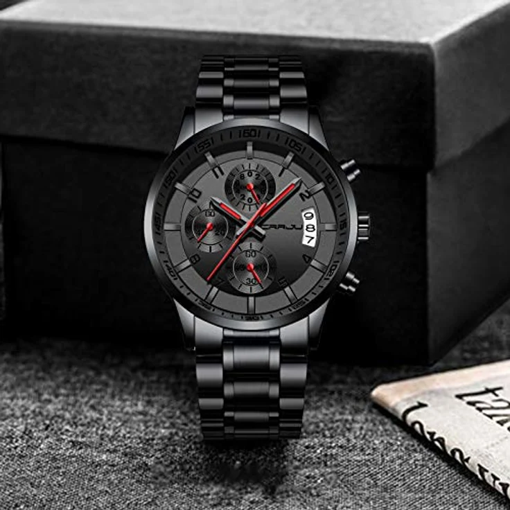CRRJU Herren Chronograph Armbanduhr, wasserdichte Edelstahlarmbanduhr mit Kalender, analoges Japanisches Quarzwerk, Schwarz Rot – Bild 3