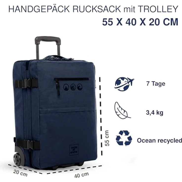 SONS OF ALOHA Backpacker Rucksack mit Rollen 3 in 1 - Handgepäck Koffer Kane Hybrid Backpack-Boardgepäck mit Rollen, 55 x 40 x 20 cm - wasserabweisend recyceltes PET, Ocean-blau - Multifunktionaler 2 in 1 Carry-On Rucksack-Trolley – Bild 2