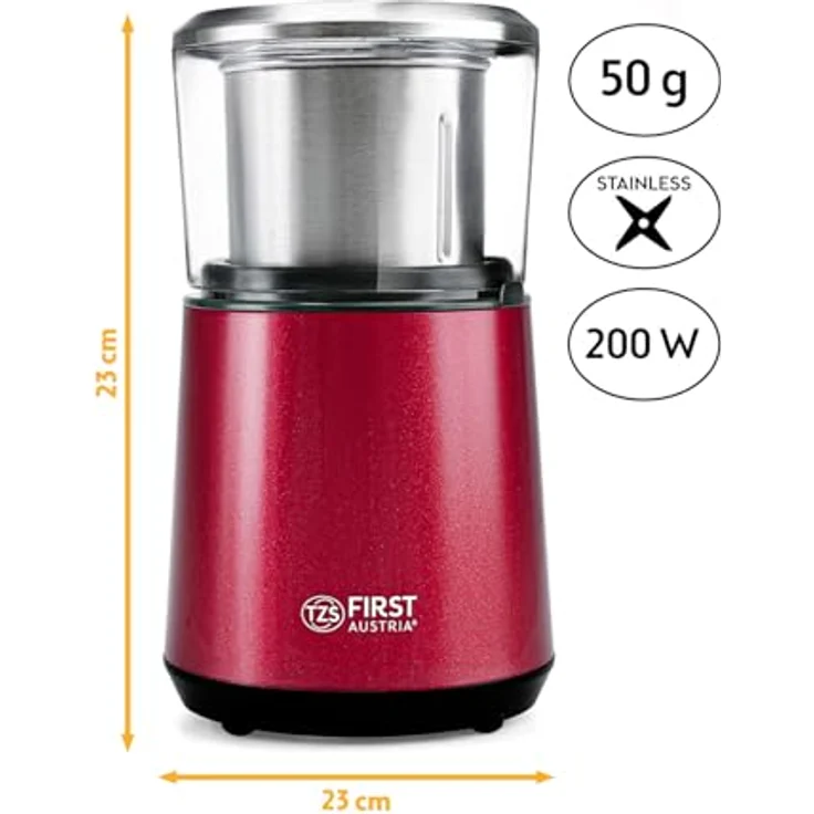 TZS First Austria Kaffeemühle elektrisch, 200W, 27.000 U/min, 4 Edelstahlklingen, abnehmbarer 50g Behälter, Einhandbedienung, leise, kompakt, leicht zu reinigen, mit Kabelaufwicklung – Bild 2