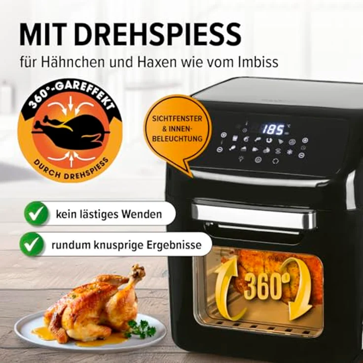 MAXXMEE 04703 Heißluft-Fritteuse, 1800W, ohne Fett, 12 l Fassungsvermögen, LED, Auftauen, Grill, Heißluft, Drehspieß, Display, schwarz – Bild 6