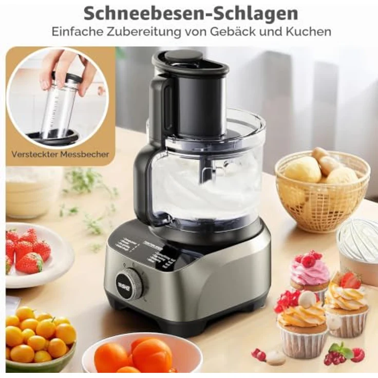YASHE HGM-410 Multifunktionale Küchenmaschine, 2,5L Schüssel & 1,5L Mixbehälter, 1300-W-Motor mit 11 Funktionen, Schwarz/Grau – Bild 7