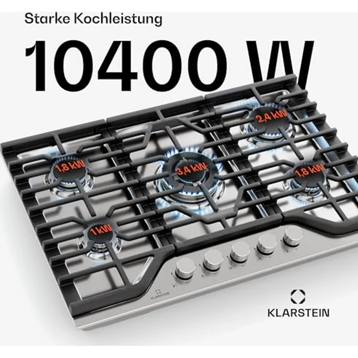 Klarstein Turbocast Gaskochfeld - 5-Brenner Edelstahl 304, 3,4 kW Wokbrenner, Gusseiserne Pfannenhalter, Elektrische Zündung, Sicherheitsabschaltung, LPG-Umrüstsatz, Gasherd, 750x500 mm, Silber – Bild 2