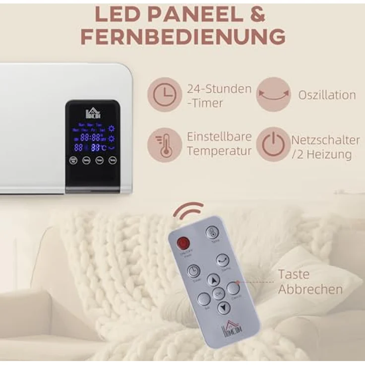 HOMCOM Heizlüfter zur Wandmontage 2000W, Keramik-Wandheizung mit Fernbedienung, Schwenkfunktion, LED-Display und 12h Timer, für Wohnzimmer, Schlafzimmer und Badezimmer – Bild 4