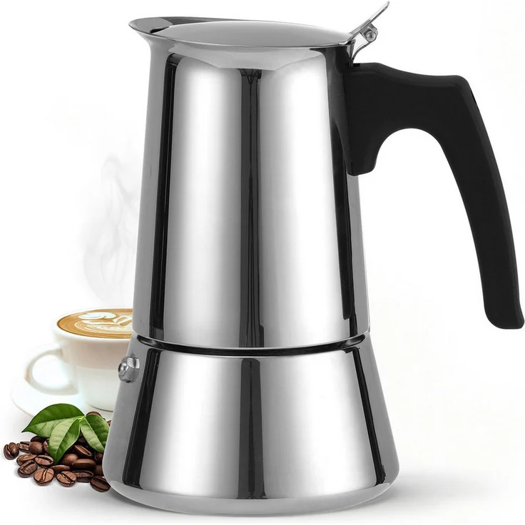 Insma Espressokocher Moka Pot 9 Tassen (450ml), Edelstahl, für Herd & Induktion, mit Sicherheitsventil, spülmaschinengeeignet, silber