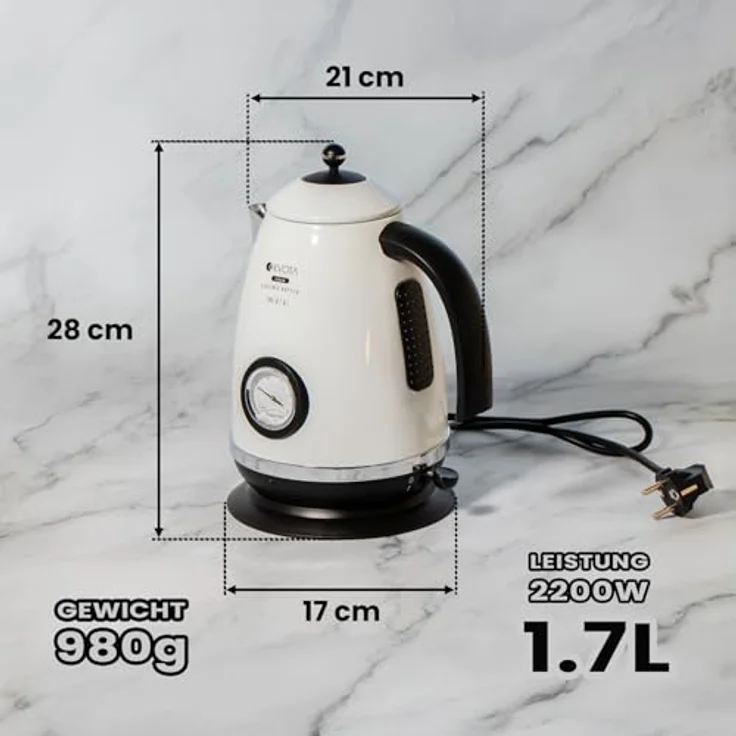 KVOTA Elektrischer Wasserkocher 1,7 L im Retro-Style, Edelstahl, mit analoger Temperaturanzeige, max. 2200 W, Kabellos & 360° drehbar, Überhitzungs- & Trockenlaufschutz, weiß-schwarz – Bild 3