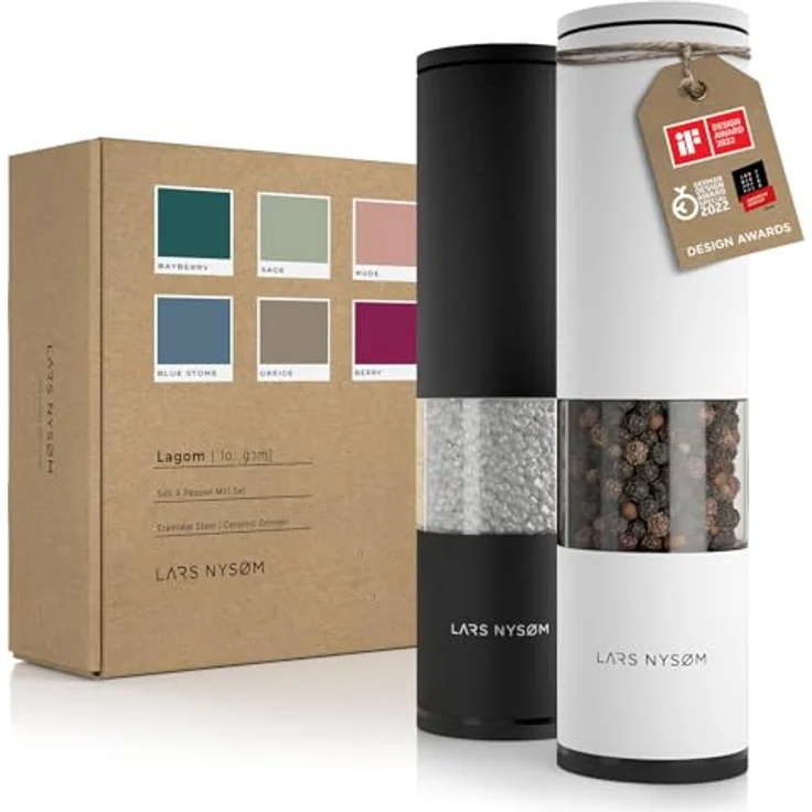 LARS NYSØM Salz und Pfeffer Mühle 2er Set Manuell mit einstellbarem Keramik-Mahlwerk von grob bis fein I Design Gewürzmühlenset (2 Stück) (Black/White) – Bild 1