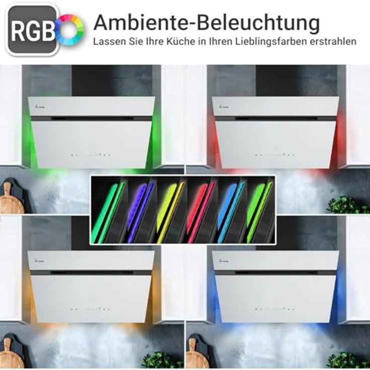 KKT KOLBE AURORA6005SW Dunstabzugshaube, 60 cm, A+++ Energieeffizienz, 782 cbm/h, Umluft/Abluft, Schwarz Weiß Glas, Nachlaufautomatik, Smart WiFi App, SensorTouch, RGBW LED-Beleuchtung – Bild 2