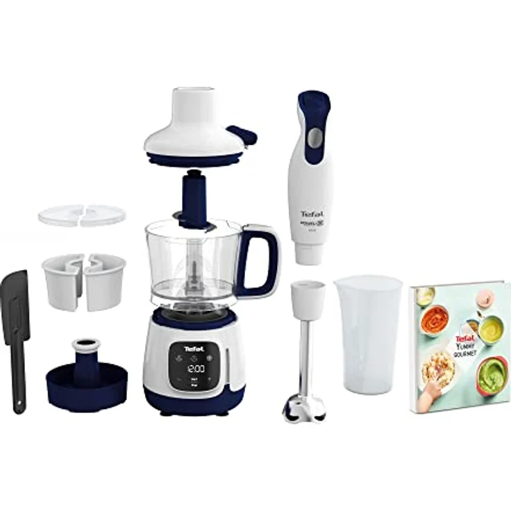 Tefal HB55W4 Yummy Gourmet Babynahrungszubereiter | inkl. Stabmixer, Spatel, Messbecher, 2x Keramikvorratsbehälter, Rezeptbuch | Touchscreen | BPA-frei | spülmaschinenfestes Zubehör | Weiß/Blau – Bild 2