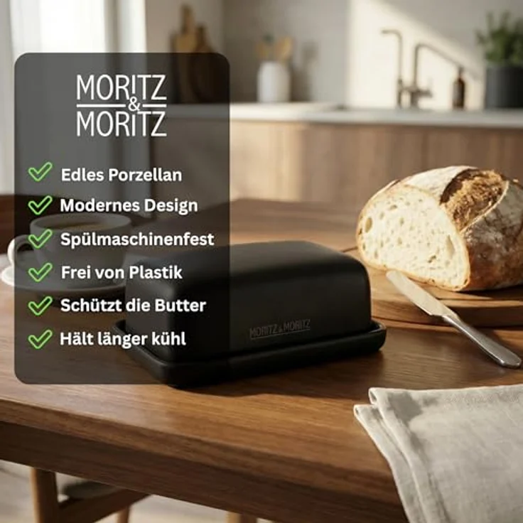 Moritz & Moritz VIDA Butterdose Keramik 250g, schwarze Porzellan Butterdose mit Deckel, edles Design für gängige Buttersorten – Bild 3