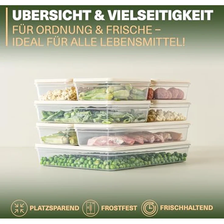 VIWARES Stapelbare Gefrierdosen 16er Set, Lebensmittel Organizer Beige, frostfest bis -25°C, wiederverwendbare Frischhaltedosen für Kühlschrank und Gefrierschrank – Bild 3