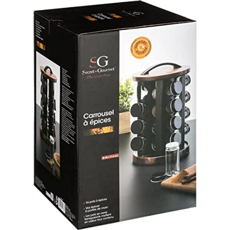 5 five simply smart Topfgewürze x16 Drehakazie, 16 Stück Secret de Gourmet Gewürzgläser, drehbarer Ständer aus Akazie, Modell Schwarz – Bild 2